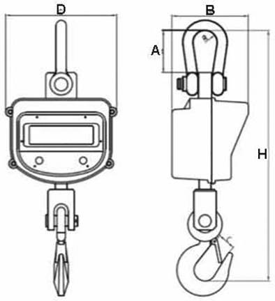 Technische tekening van een kraanwagen met een handgreep (D) aan de bovenkant en een haak onderaan. Zij- en vooraanzicht tonen de afmetingen A, B, H.