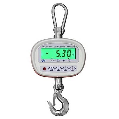 Digitale haakkraan weegschaal met een display dat 5,30 kg aangeeft, voorzien van een bovenste oog en onderhaak op een witte achtergrond.