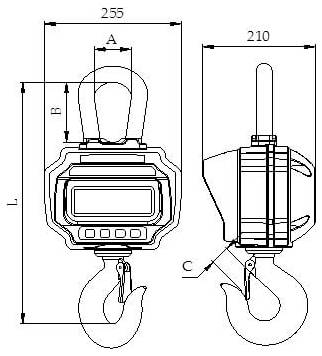 Geparametriseerde technische tekening van een hangende kraanweegschaal met haak, met voor- en zijkanten en metingen gelabeld A, B, C, L, 255, en 210.