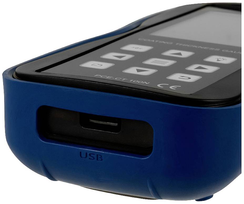 Handmeetapparaat met een blaue behuizing, display en toetsen voor het meten van laagdiktes; USB-poort onderaan zichtbaar.