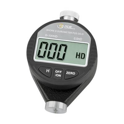 Digitale Shore D durometer-meter met weergave van '000' en 'HD', met knoppen H, UIT/AAN en NULSTELLING.