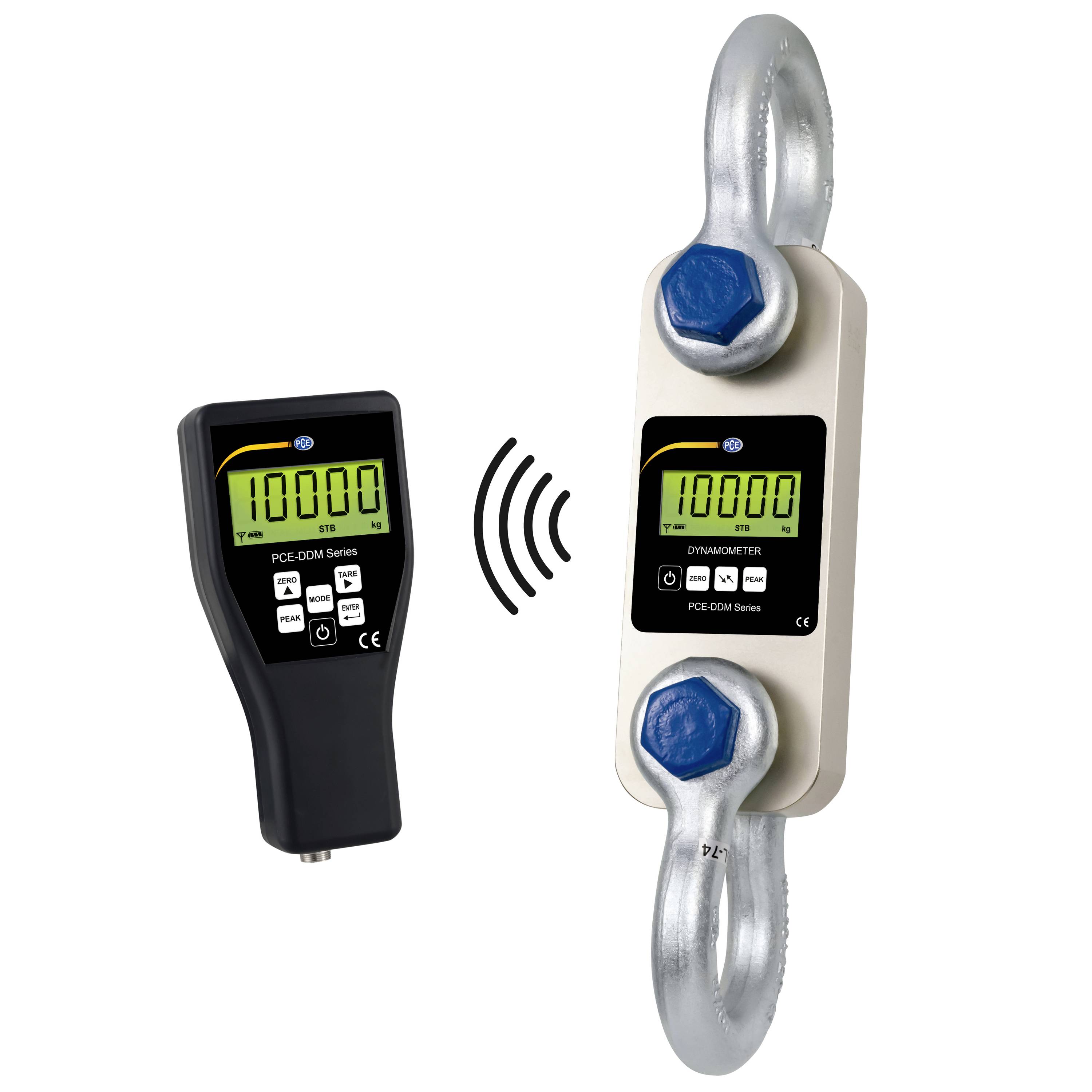 Draadloos digitaal krachtmeetinstrument weergegeven dat gegevens overbrengt naar een belastingcel met oog- en haakbevestigingen, beide met een weergave van '10000'.
