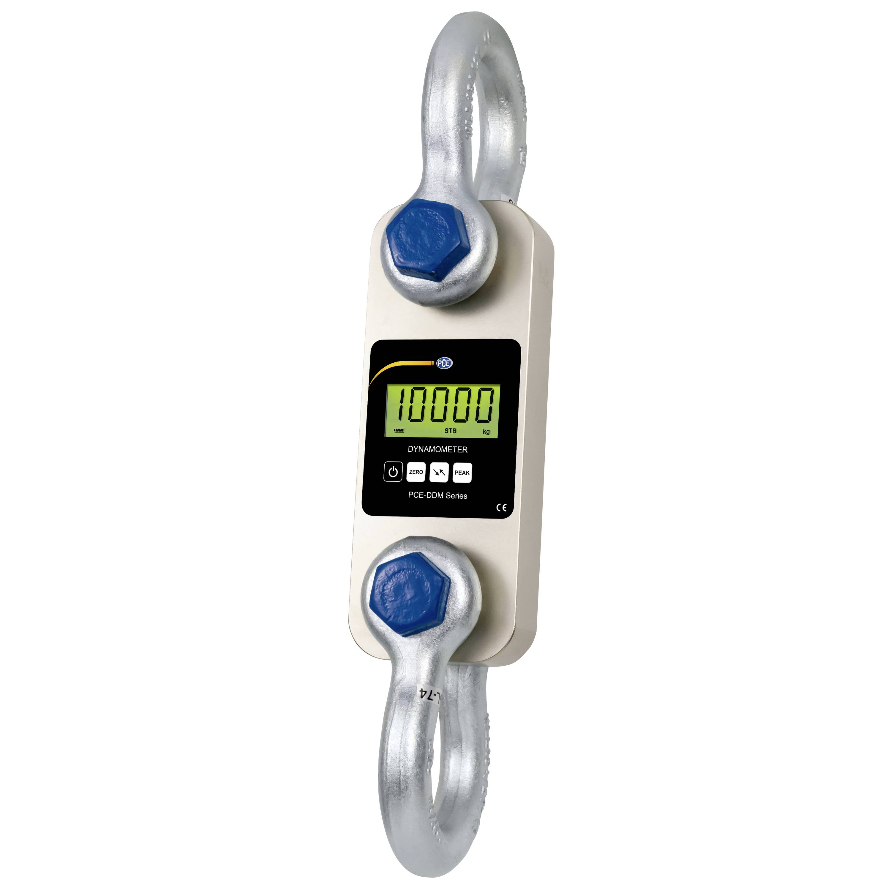 Digitale hangdynamometer met metalen haken, met een lezing van 10000 op het display.