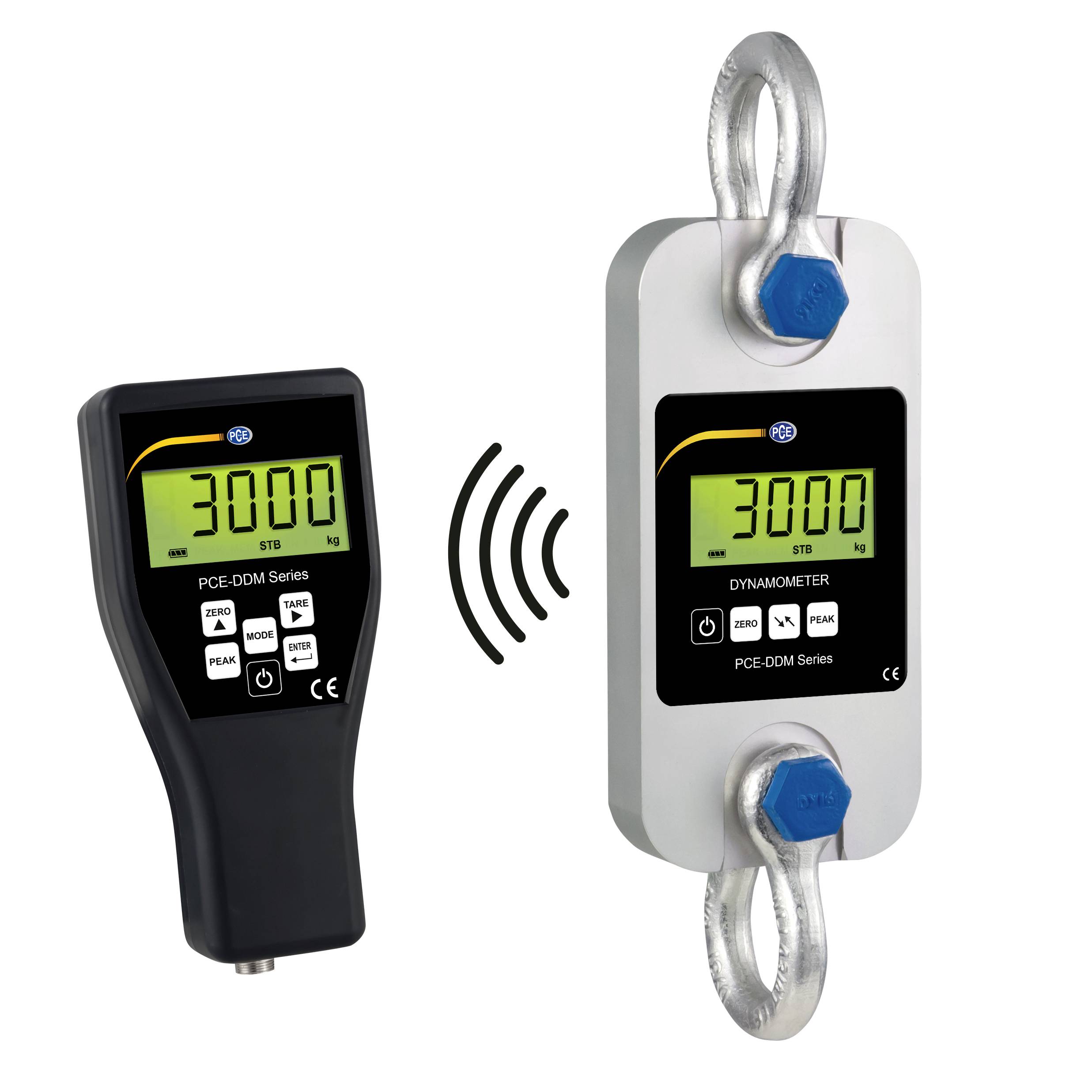 Handheld draadloos displayapparaat met weergave van 3000 kg dat via radiogolven communiceert met een hangend digitaal dynamometersensor.