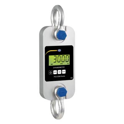 Digitale hangdynamometer met haken aan de bovenkant en onderkant, met 3000 weergegeven op een groen LCD-scherm.