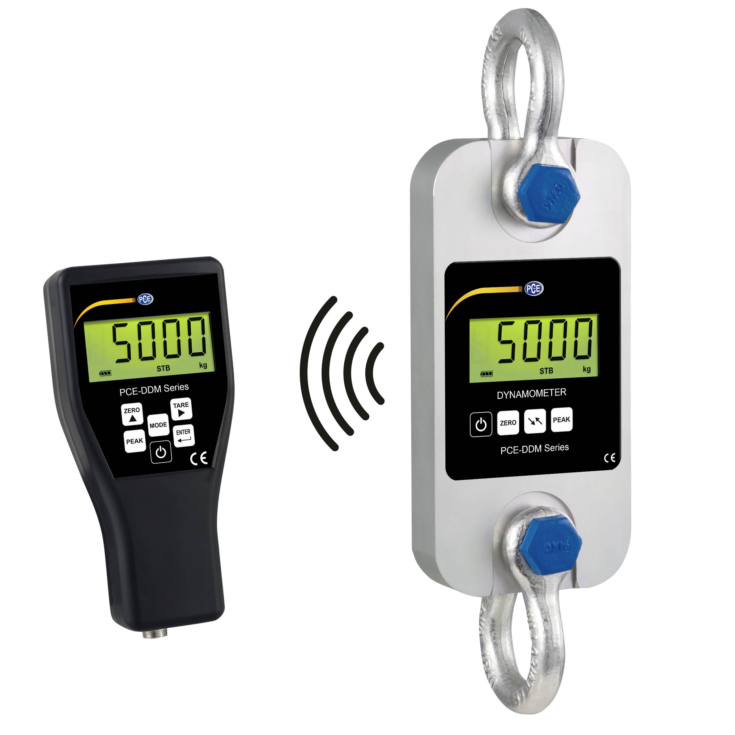 Draadloos digitaal dynamometersysteem met handheld afstandsbediening en meetcel beide aangeven 5000 STG kg, met signaalicoon dat draadloze communicatie aangeeft.