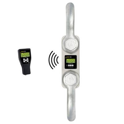 Draadloze digitale laadcel op een metalen riggeringsschakel, met een handheld display met 50000 en signaalgolven die aangeven dat op afstand wordt gelezen.