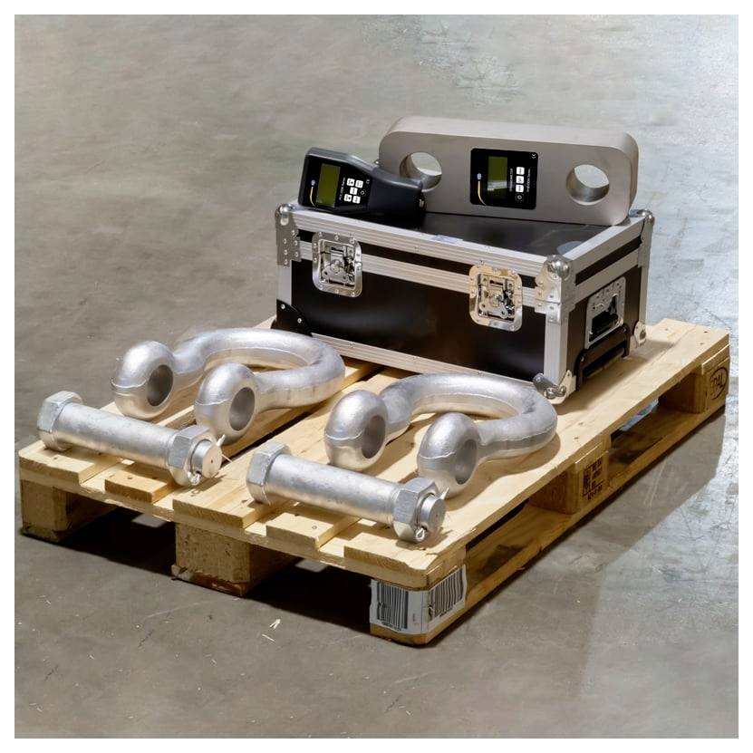 Pallet met een zwarte apparatuumkoffer en vier grote zilveren metalen U-bouten of tilogen ervoor uitgelegd.