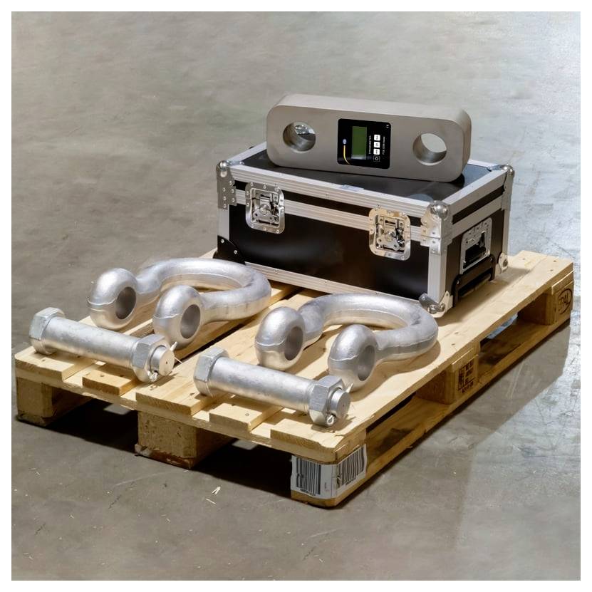 Metalen onderdelen op een houten pallet naast een zwarte apparaatkoffer met een klein display, in een opslagruimte-achtige omgeving.