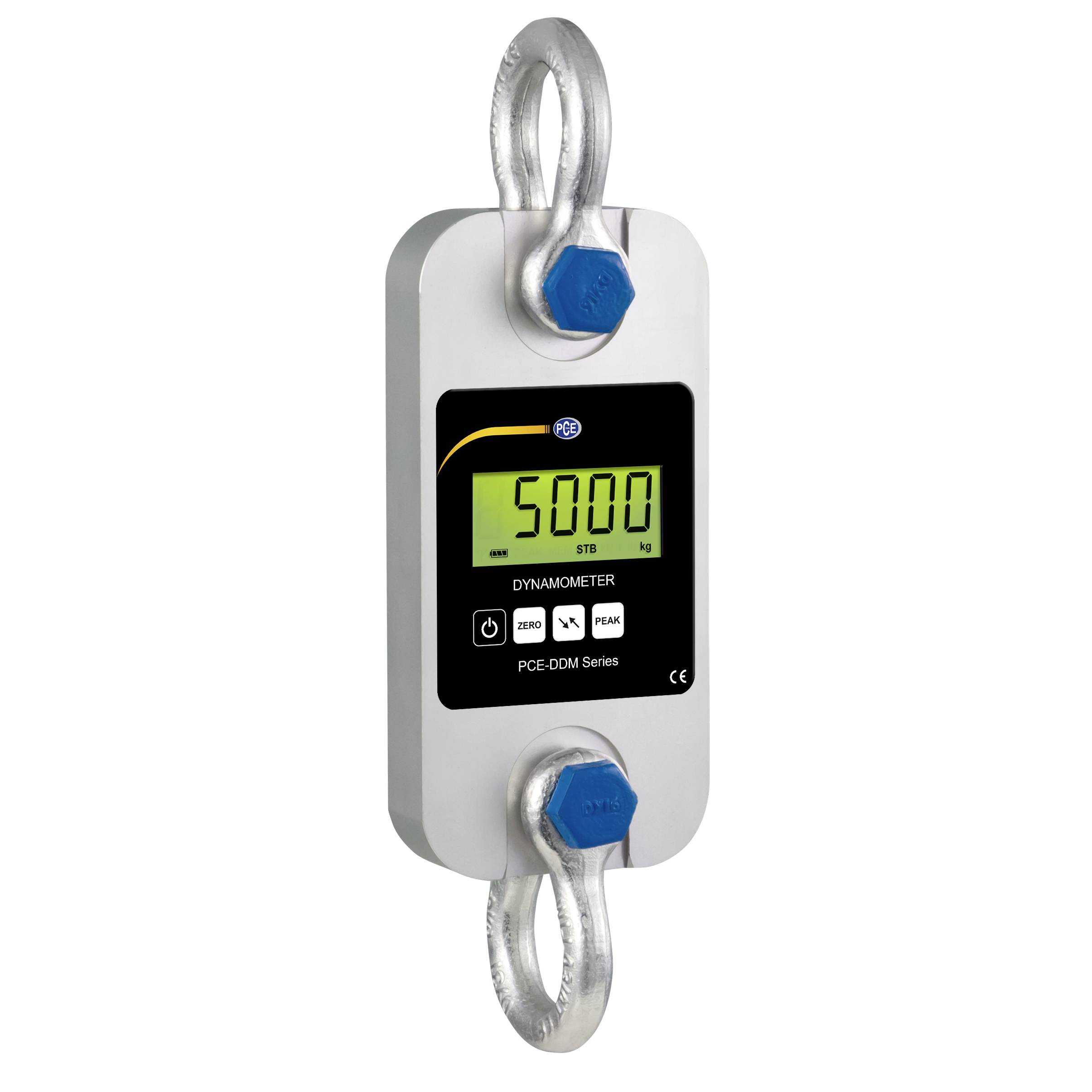 Digitale dynamometer die verticaal hangt, met een lezing van 5000 op een groen display, met metalen haken aan de bovenkant en onderkant.