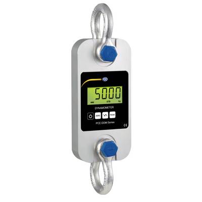 Digitale dynamometer die verticaal hangt, met een lezing van 5000 op een groen display, met metalen haken aan de bovenkant en onderkant.