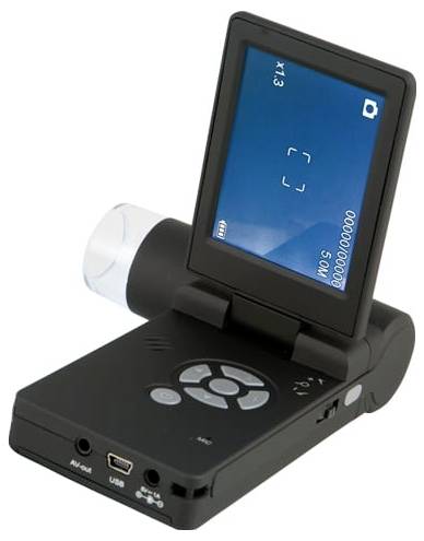 Draagbare digitale microscoop met een uitklapbaar scherm dat de camerazoeker toont en bedieningsknoppen aan de basis.