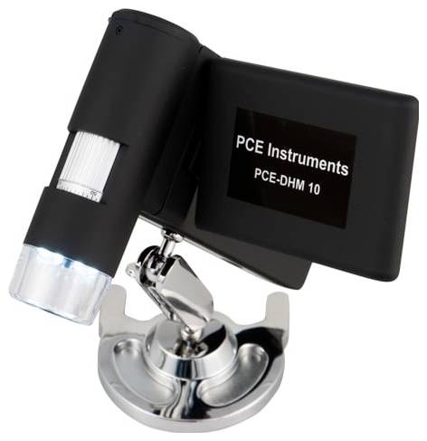 Zwarte PCE Instruments PCE-DHM 10 digitale microscoop op een standaard, weergegeven in productweergave met scherm en ingebouwde verlichting.