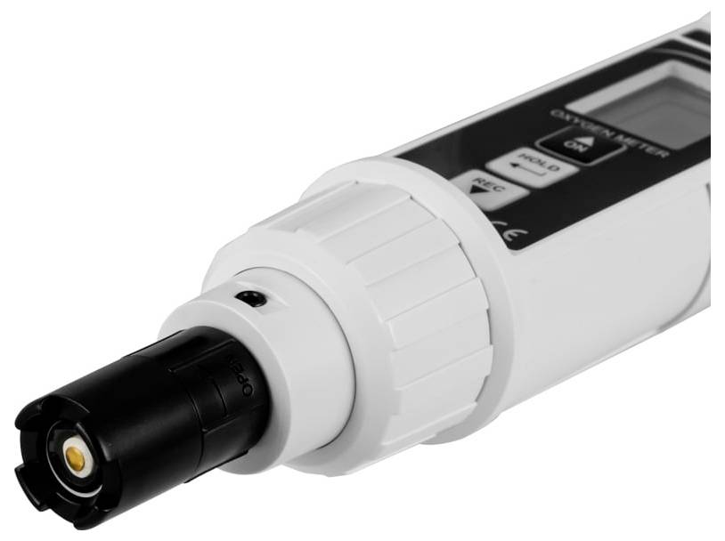 Close-up van een witte handheld digitale pH-meter met een zwarte probekop en LCD-display, diagonaal getoond op een witte achtergrond.