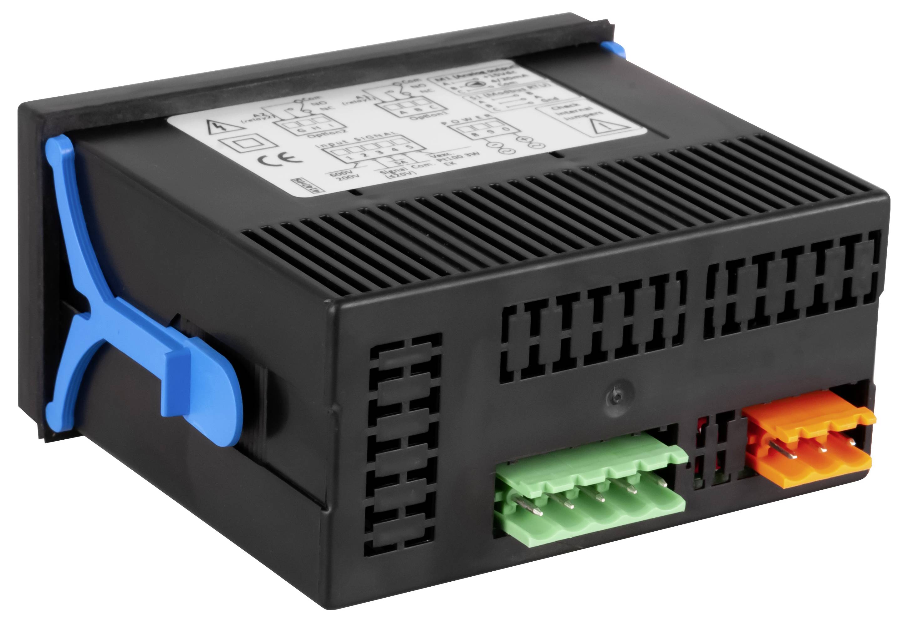 Zwart industrieel elektronisch besturingsmodule met geventileerde behuizing, blauwe zijklemmen en groene en oranje aansluitklemmen aan de voorkant