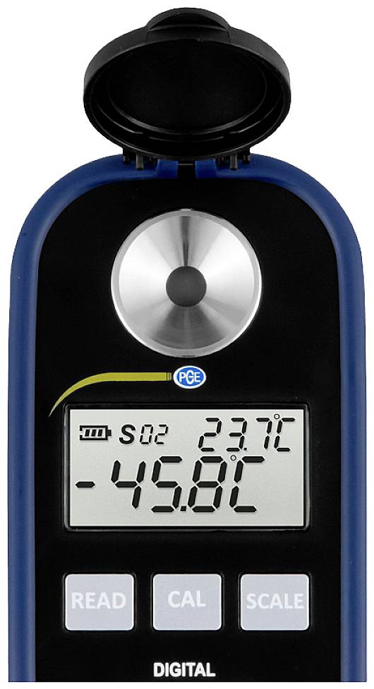 Digitaal meetapparaat met display, dat 'SO2 23,7°C' en '-45,8°C' weergeeft. Toetsen voor aflezen, kalibreren, schalen, kap open aan de bovenkant.