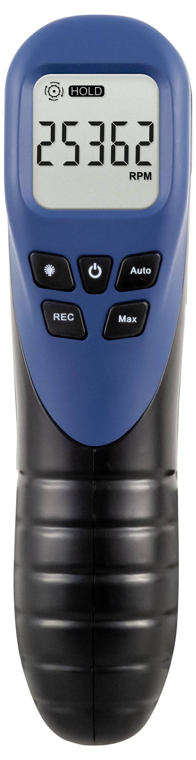 Handheld digitale toerenteller met display van 25362 RPM, met hold-, record-, max- en auto-knoppen.
