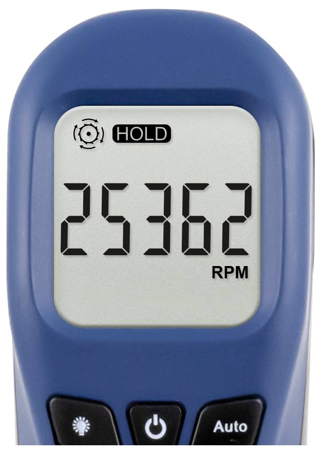 Digitale tachometeraanduiding met 25.362 RPM met 'HOLD'-indicator en auto/licht/power-knoppen op een blauw draagbaar apparaat.