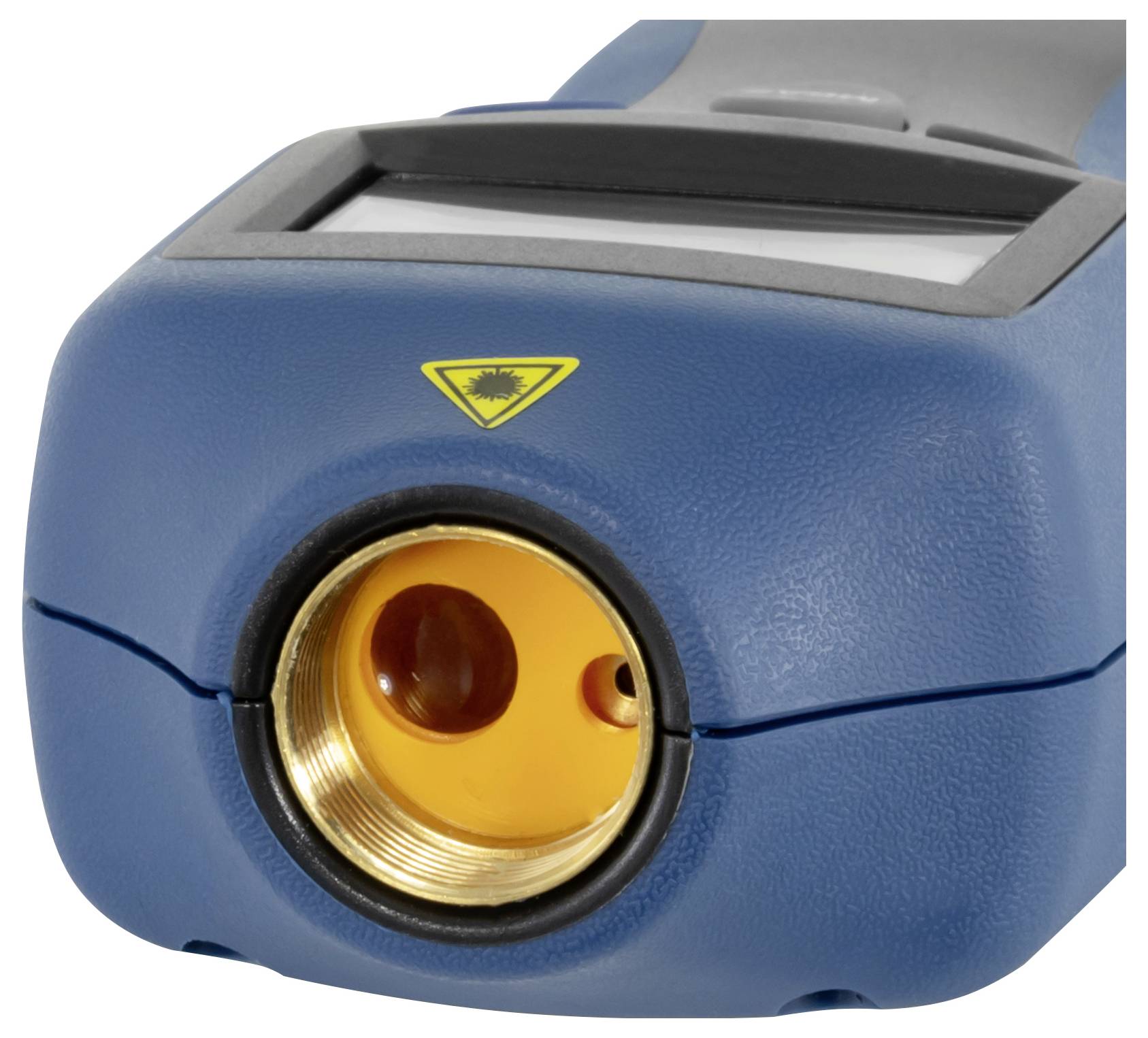 Blauwe handheld lasertoestel met een geel waarschuwingssymbool en ronde voorkant, in close-up op een witte achtergrond weergegeven.