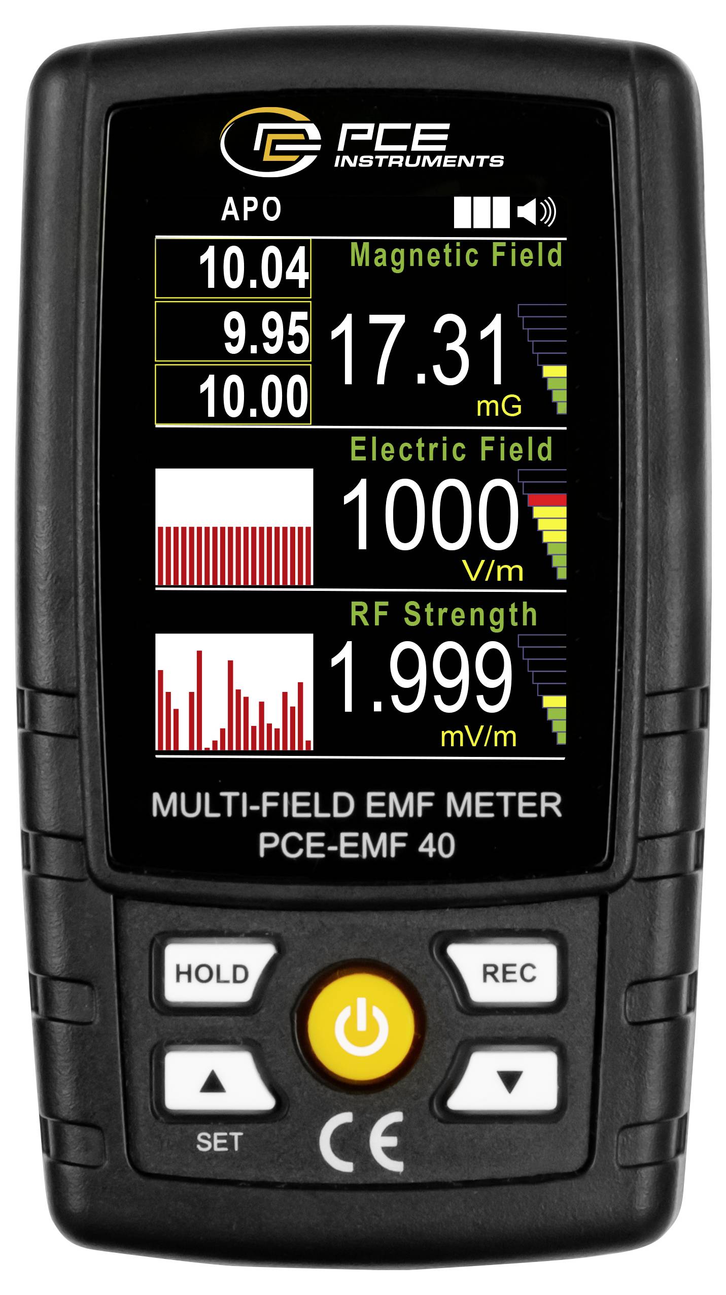 Draagbare PCE multi-veld EMF-meter display met magnetisch veld 17,31 mG, elektrisch veld 1000 V/m en RF-sterkte 1,999 mV/m.