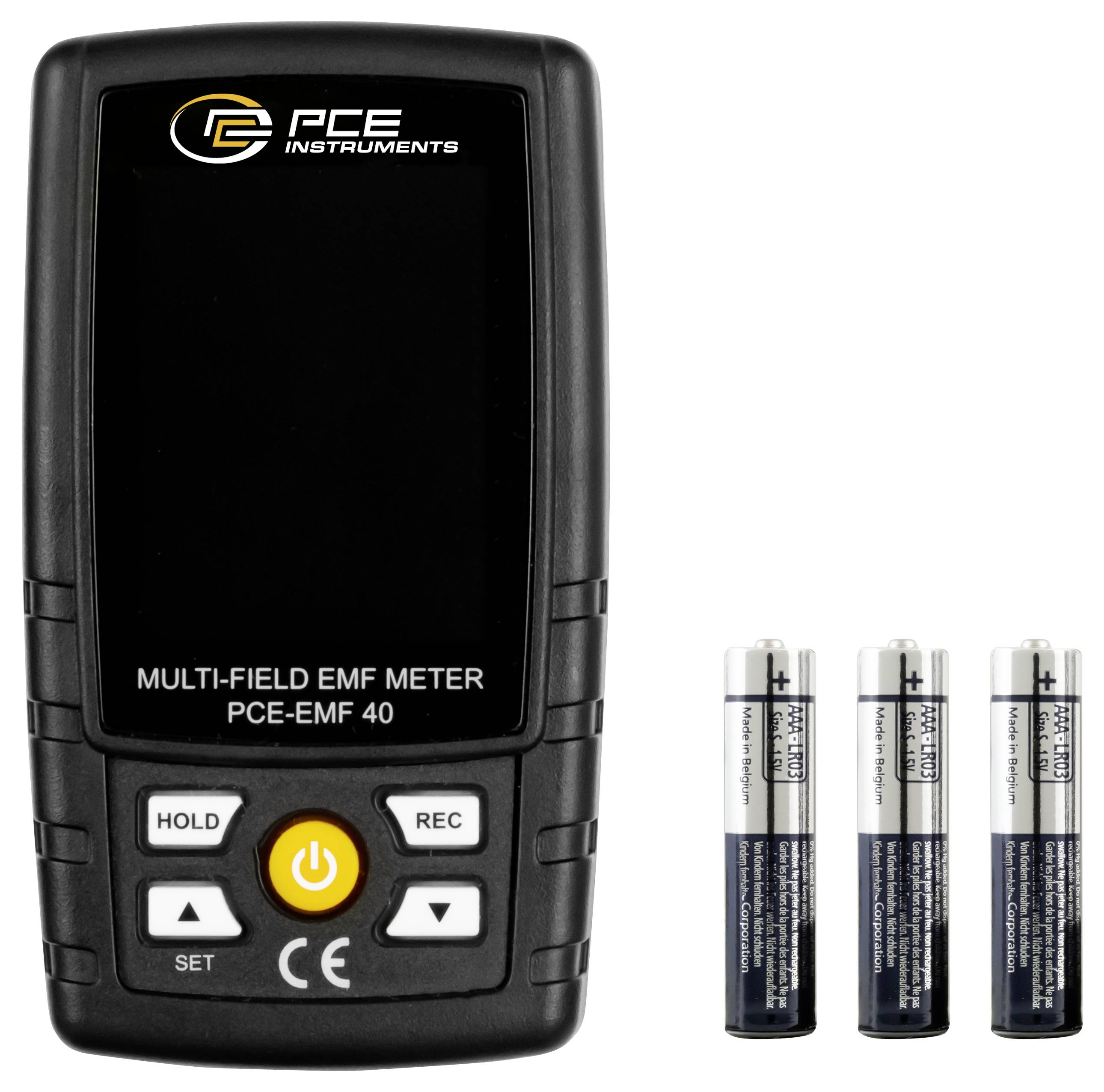 PCE Instruments multiveld EMF-meter met knoppen, weergegeven naast drie AAA-batterijen.