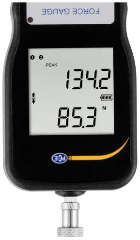 Een digitaal krachtmeetapparaat toont 'PEAK' met een waarde van 134,2 en 85,3 Newton.