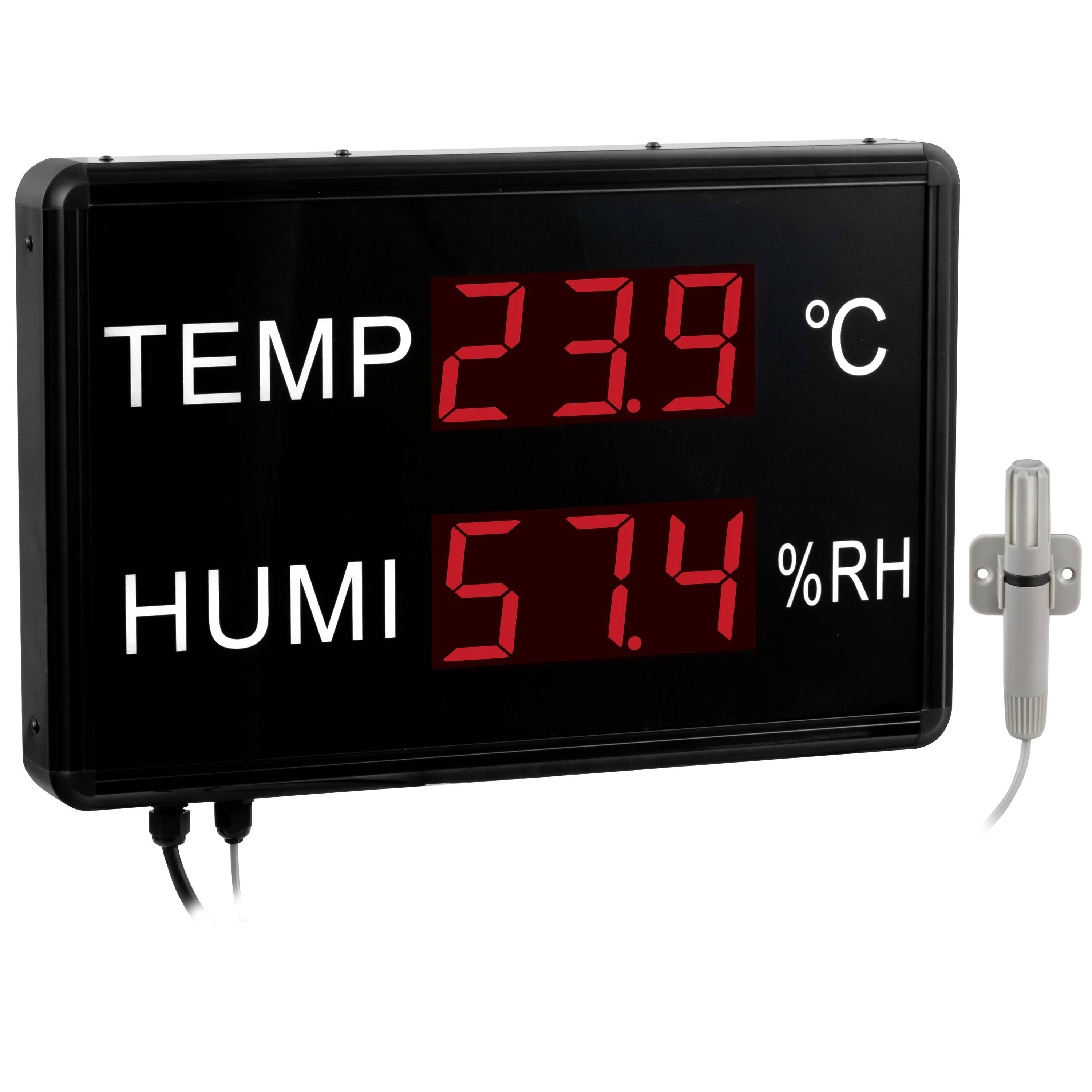 Digitaal temperatuur- en vochtigheidsdisplay dat 23,9 °C en 57,4% RV weergeeft met een daaraan bevestigde sensorprobe.