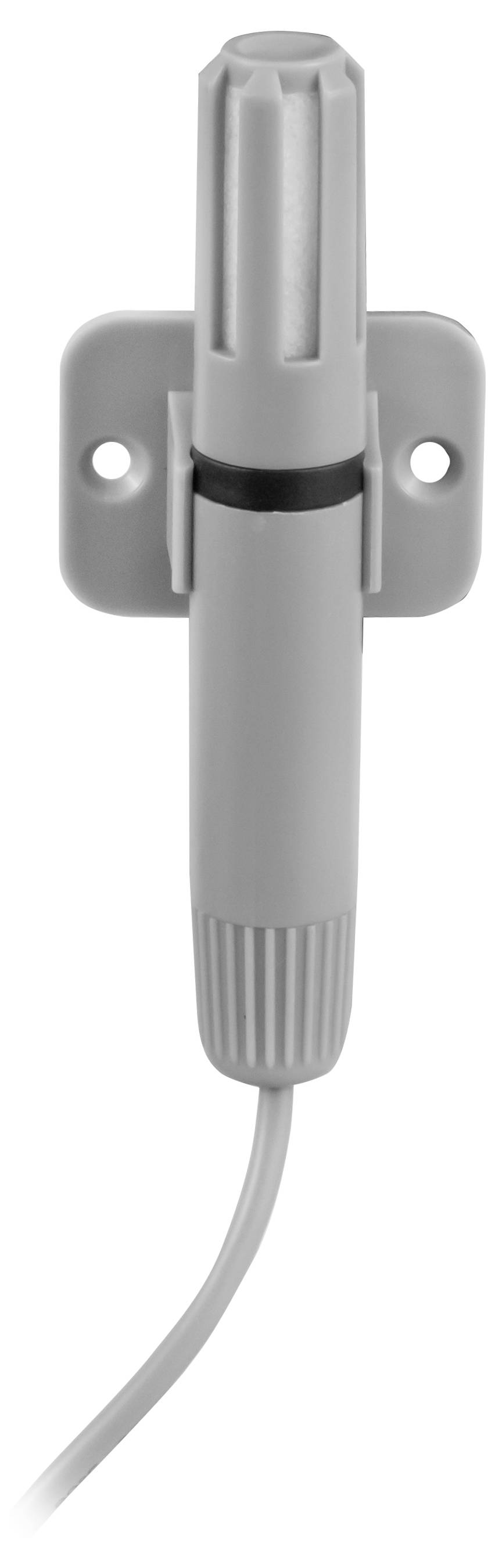 Aan de muur gemonteerde grijze elektrische connector met bijbehorende kabel, verticaal weergegeven op een witte achtergrond.