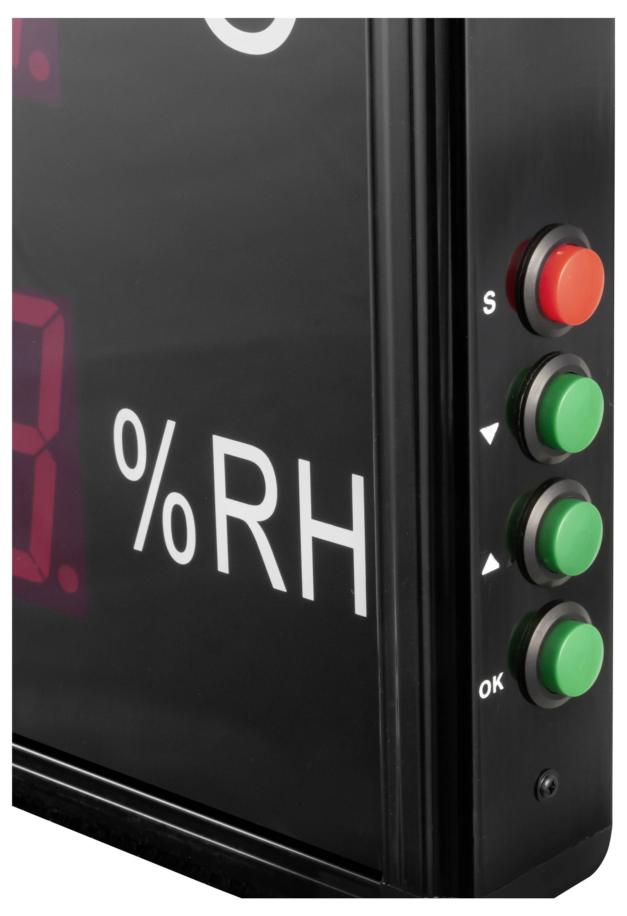 Zwart digitaal vochtigheidsbedieningspaneel met '%RH' display in rood en vier zijknoppen, inclusief een rode bovenste knop en groene knoppen met labels S, pijlen en OK.
