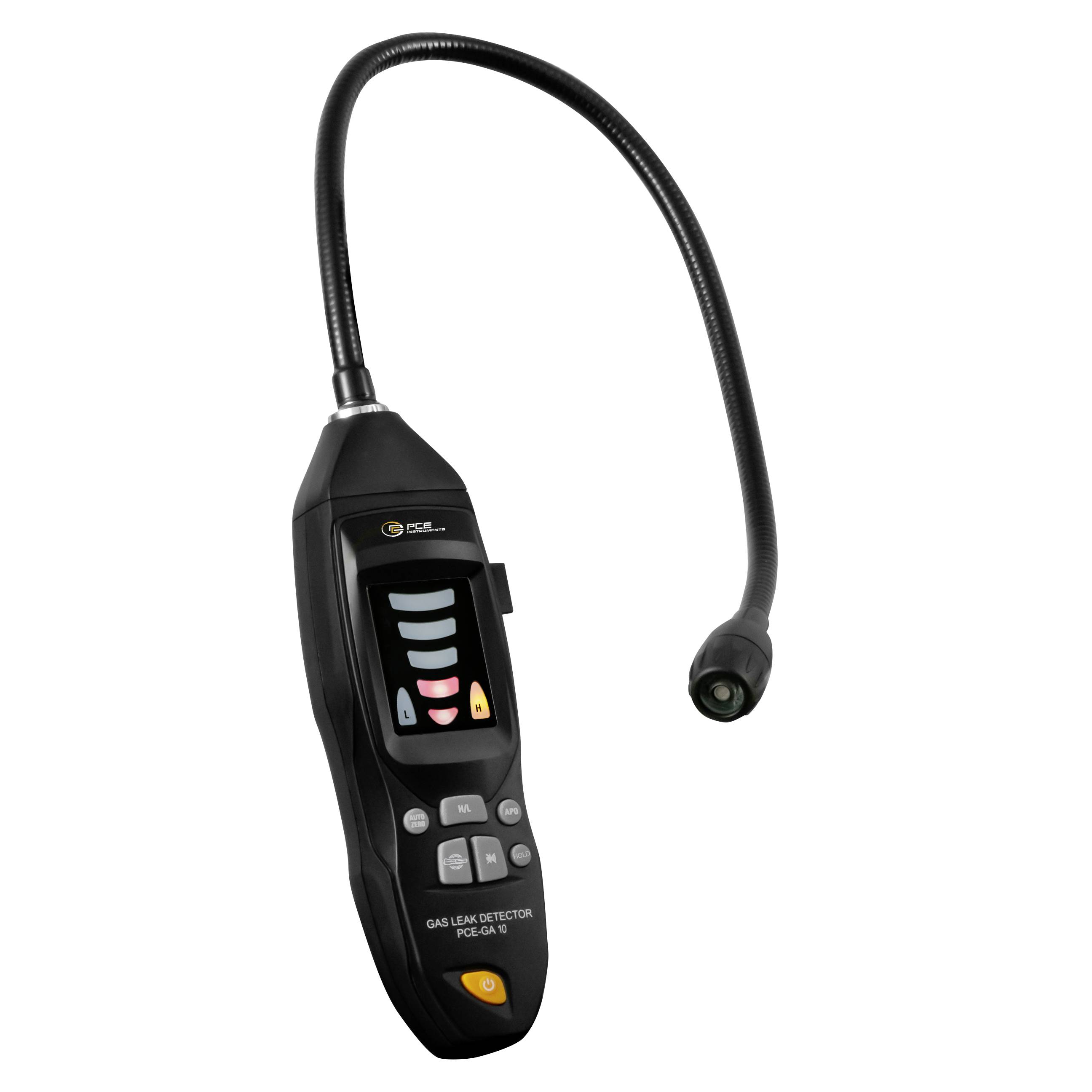 Draagbare gaslekkagedetector met flexibele ganzenhalsssonde en verlichte display, gebruikt voor het detecteren van gaslekkages in moeilijk bereikbare gebieden.