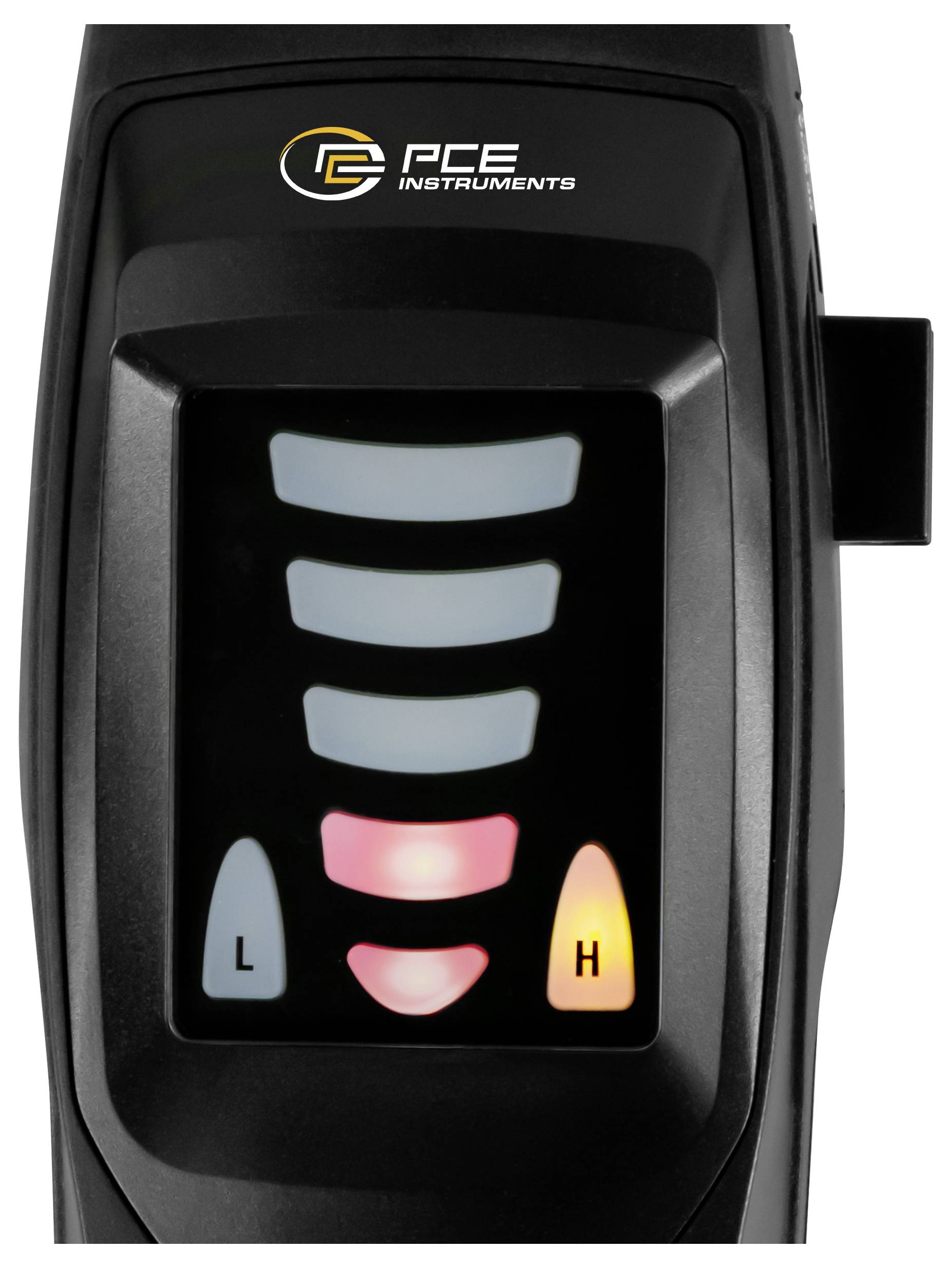PCE Instruments handheld meter-display met stapel niveaubalken en L/H-indicatoren die lage-tot-hoge meetstatus tonen.