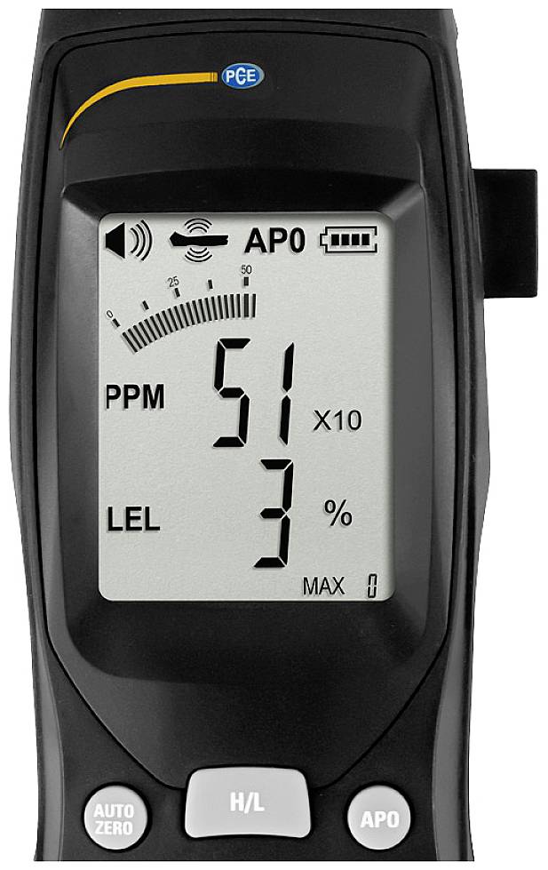 Handmatige gasdetectiemeter met display dat 'PPM 51', 'LEL 3%' en pictogrammen voor batterijniveau en signaalsterkte weergeeft.