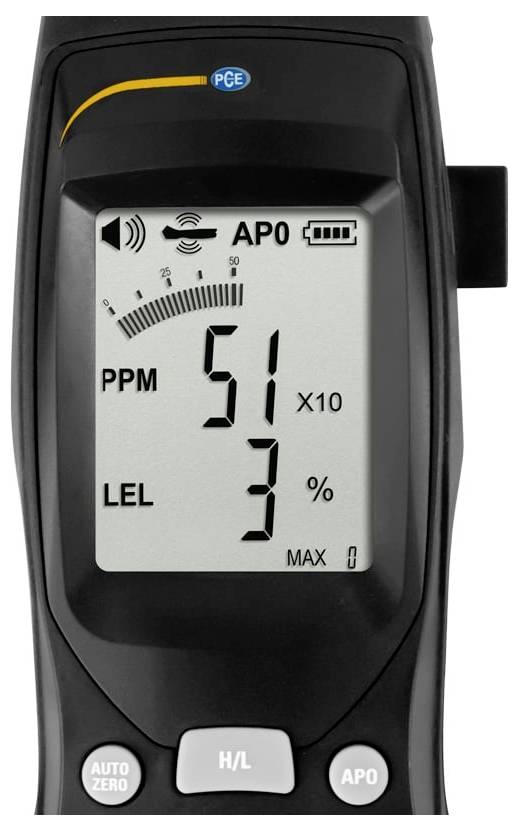 Draagbare gasdetektor met een weergave van 51 PPM en 3% LEL, met waarschuwings- en batterijpictogrammen zichtbaar.