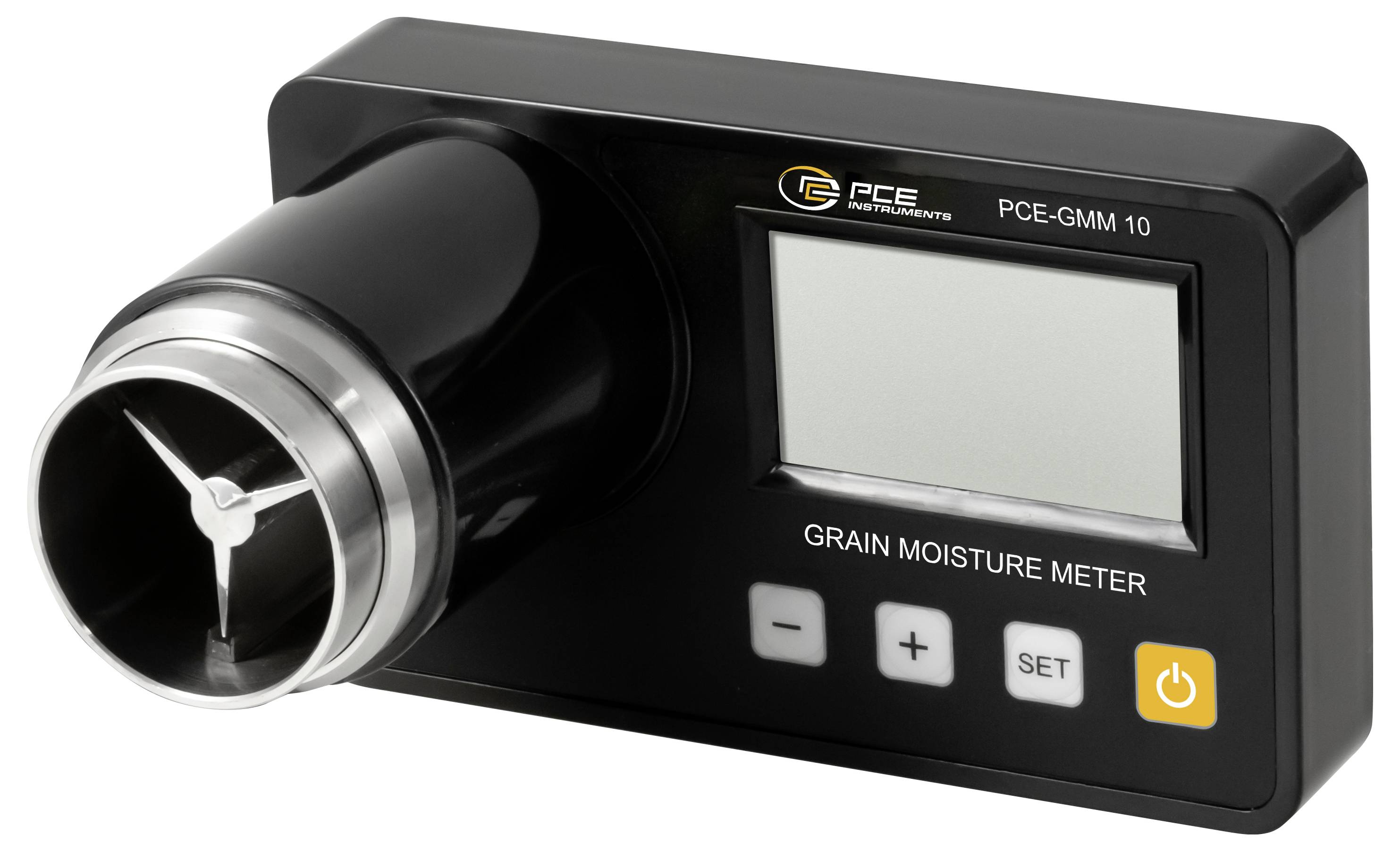 Vochtmeter voor graan in zwart met aangebrachte metalen steekbuis, leeg display en bedieningsknoppen