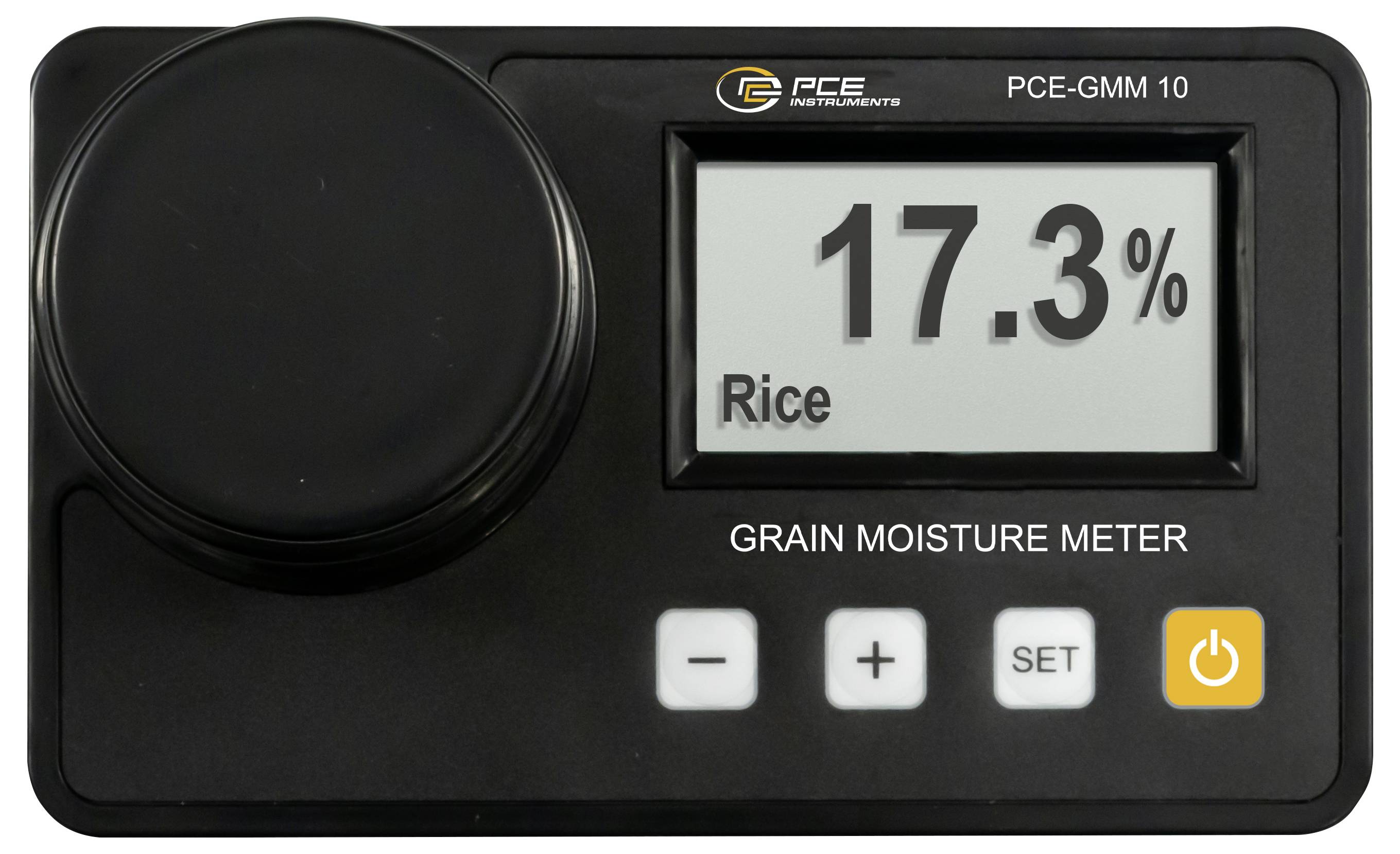 Digitale graanvochtmeter die 17,3% voor rijst aangeeft, met bedieningsknoppen en een groot sensorkopje aan de linkerkant.