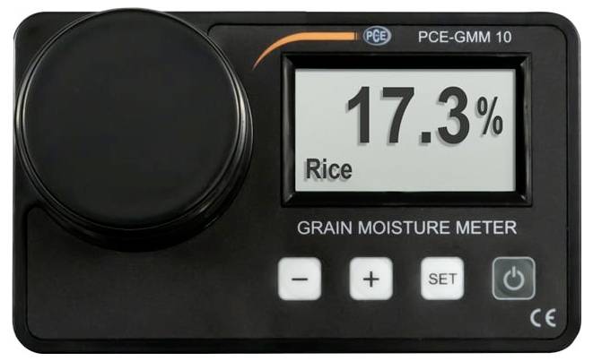 Digitale graanvochtmeter met rijst op 17,3% vochtigheid, met meetknoppen en grote sensorkamer