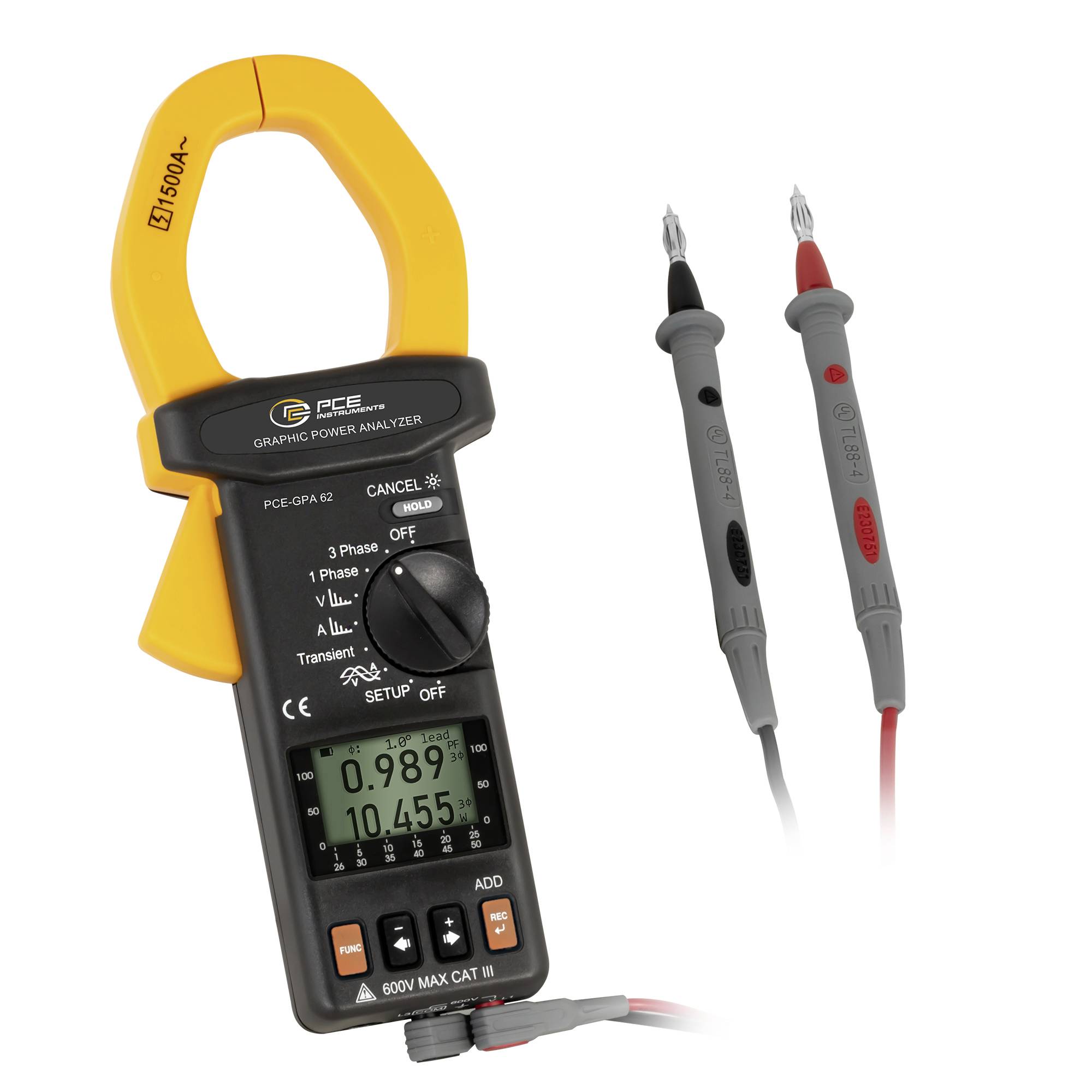 Stroomtangmeter grafische vermogensanalyzer met display en twee testsondes op een witte achtergrond.