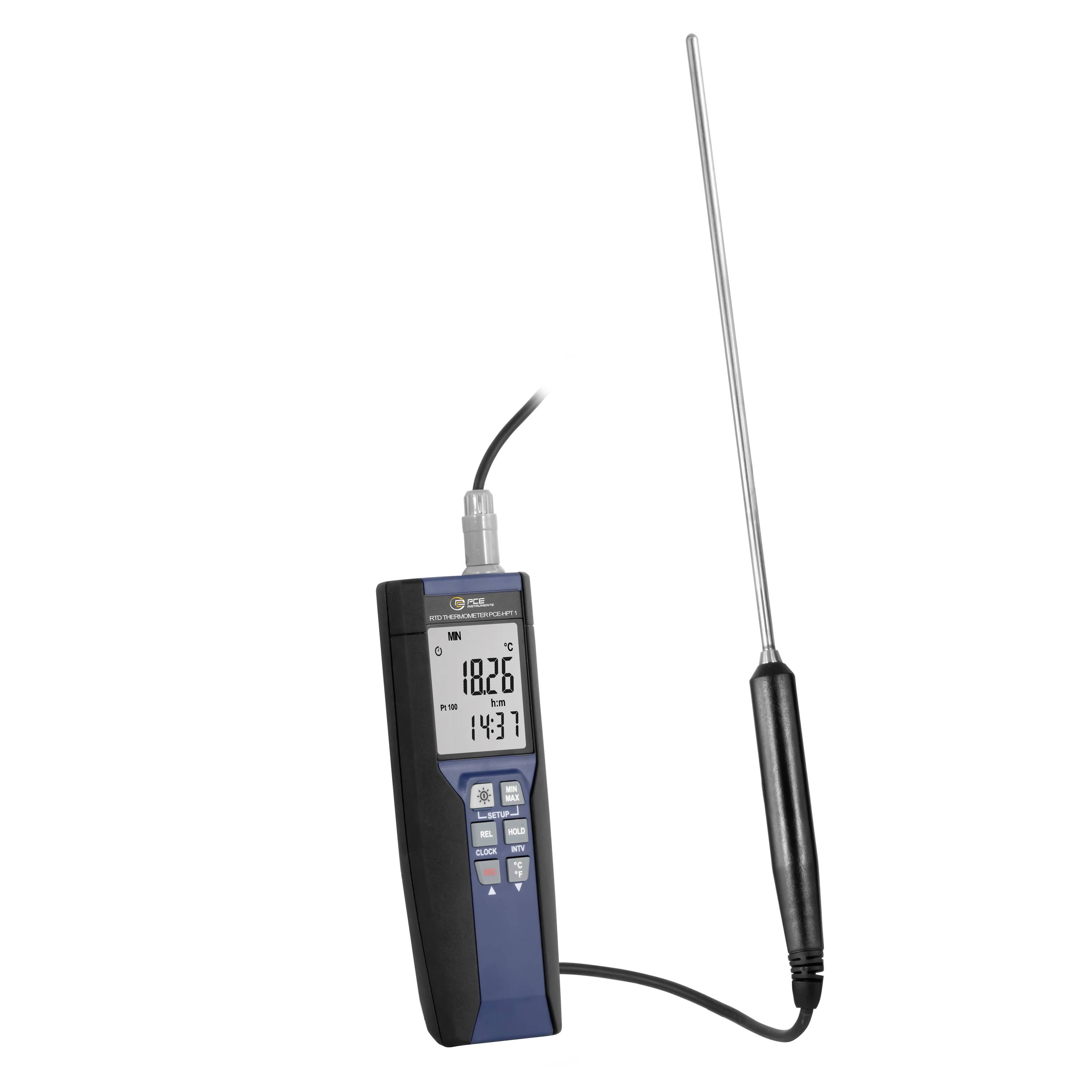 Handheld digitale thermometer met een lange sonde en LCD-display met aflezingen van 18.26 en 14.37.