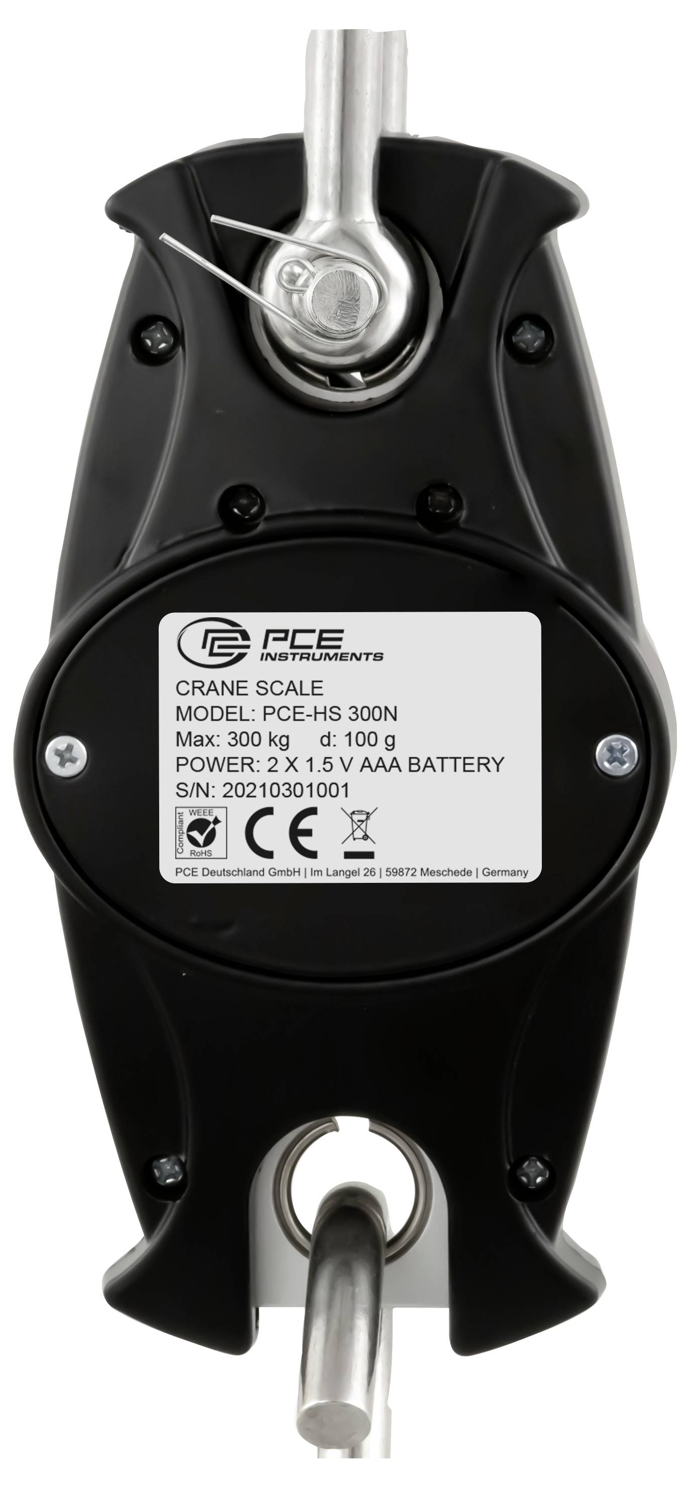 Zwarte PCE kraanweegschaal met metalen haken bovenaan en onderaan, gelabeld 'MODEL: PCE-CS 300N' en 'MAX. 300 kg / 3000 N'.