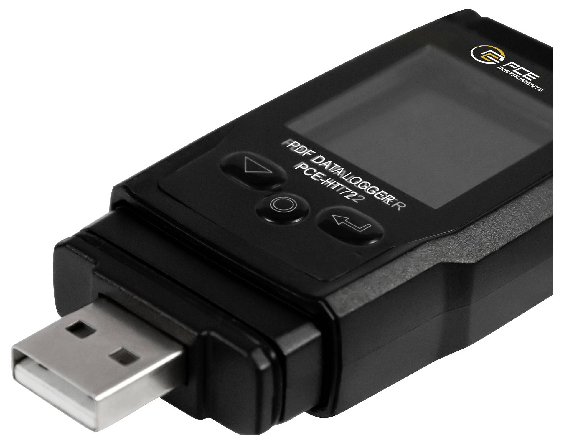Zwarte USB PDF-datalogger met display en drie knoppen, weergegeven onder een hoek met blootgestelde USB-aansluiting.