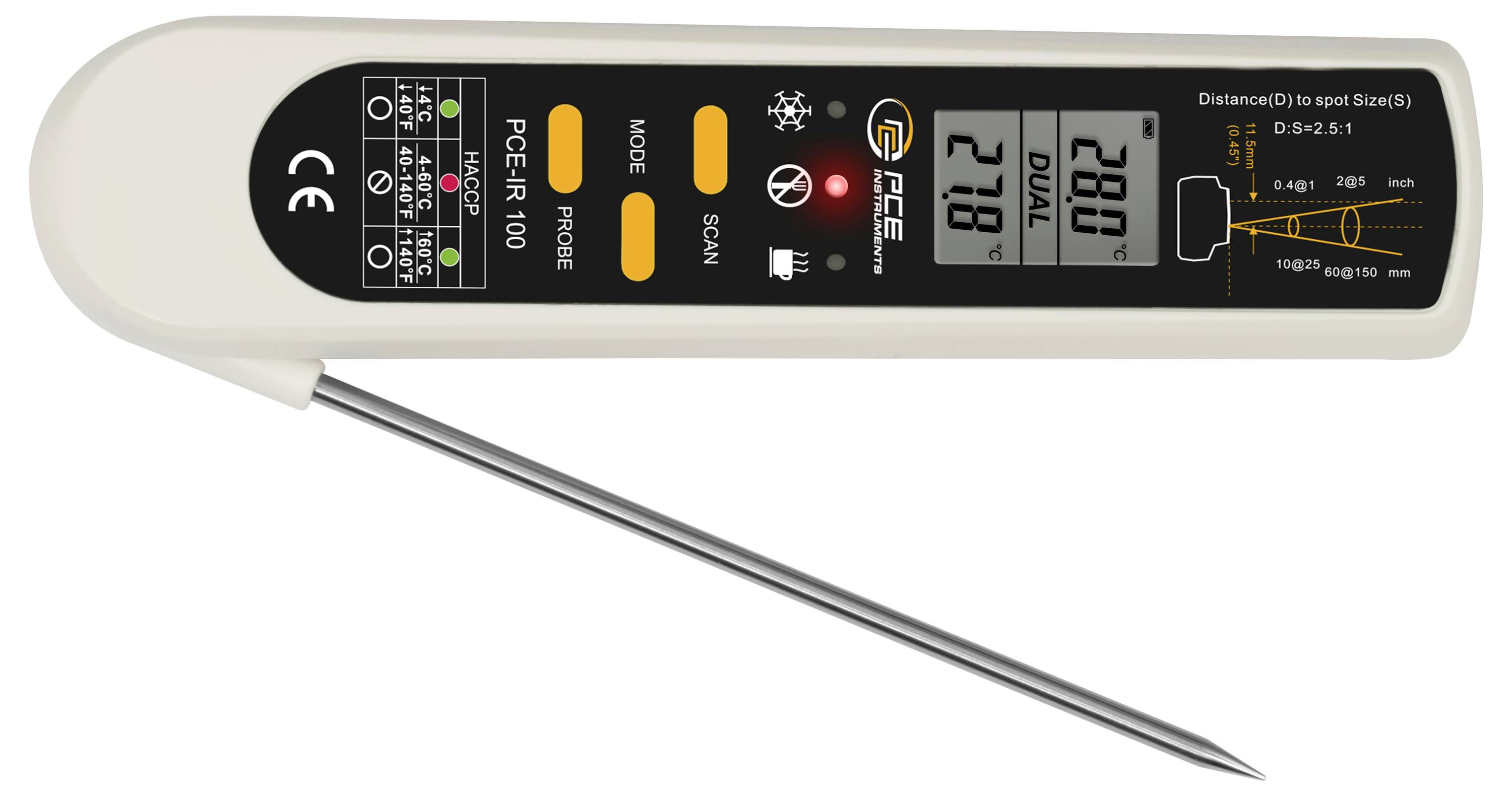 Digitale voedselthermometer met sonde; display toont 278°F en 22.0°C, temperatuurbereikmarkeringen, en een 'Afstand D naar punt S'-grafiek.