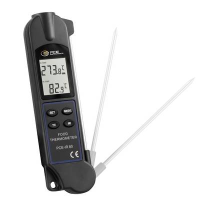 Digitale voedselsthermometer met twee uitklapbare sondes, die temperaturen van 273,8°F en 82,9°F op het display weergeeft.
