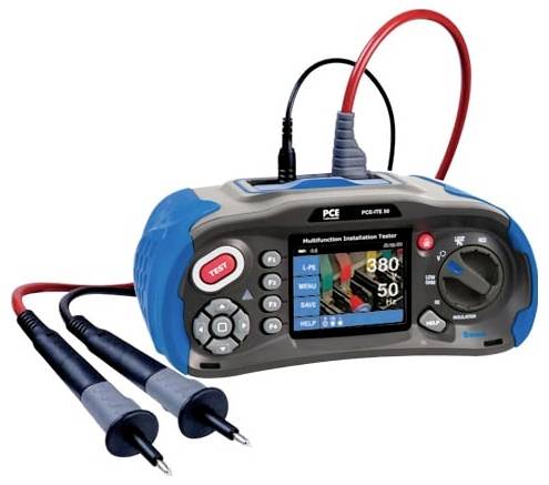 Draagbare isolatietester met twee sondedraden, digitaal display, testknop en rotatieve selectiekeuzeschakelaar op een blauw en grijs handheld apparaat.