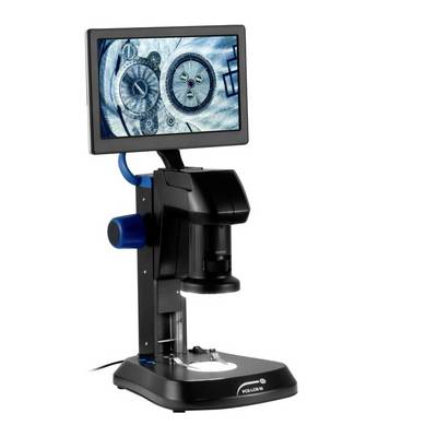 Digitale microscoop met ingebouwd scherm dat tandwielen weergeeft, op een witte achtergrond.