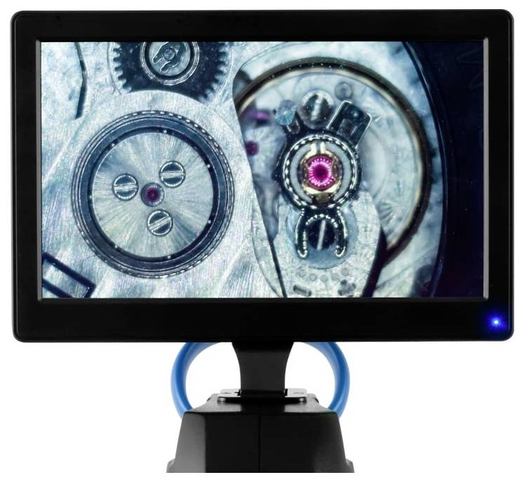 Close-up van een mechanisch horlogemovement op een beeldscherm, met tandwielen en een gesteende component.