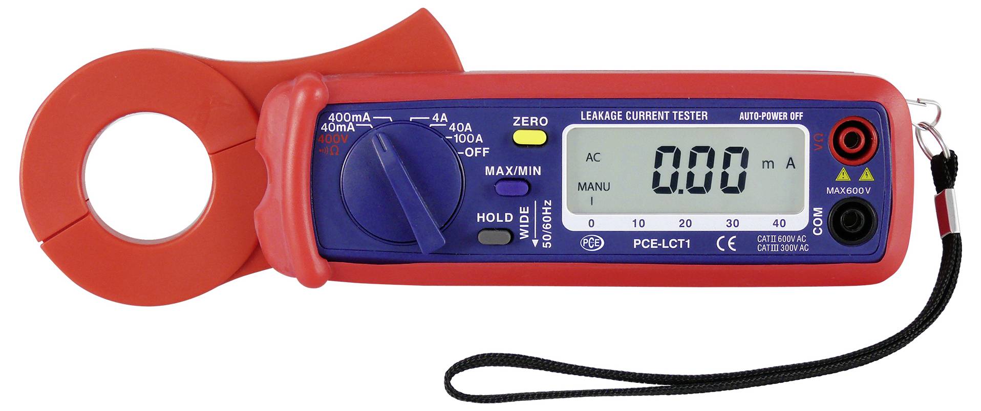 Rode spanningstang met LCD-display met '0.00 mA'-weergave, draairegeling, ingangsklemmen en polsband op witte achtergrond.