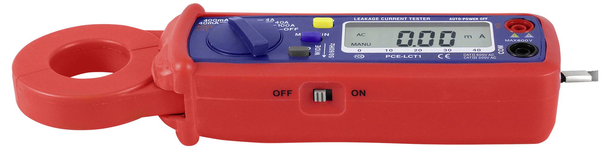 Rode schroefklem digitale multimeter stroomprobe met LCD-display en rode/zwarte ingangen, met weergave van 0,00 mA.