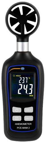 Handanemometer met digitale weergave toont '9,3°C' en '24,3 m/s'. Min- en Hold-toetsen zichtbaar. Ventilator bovenaan voor meting.