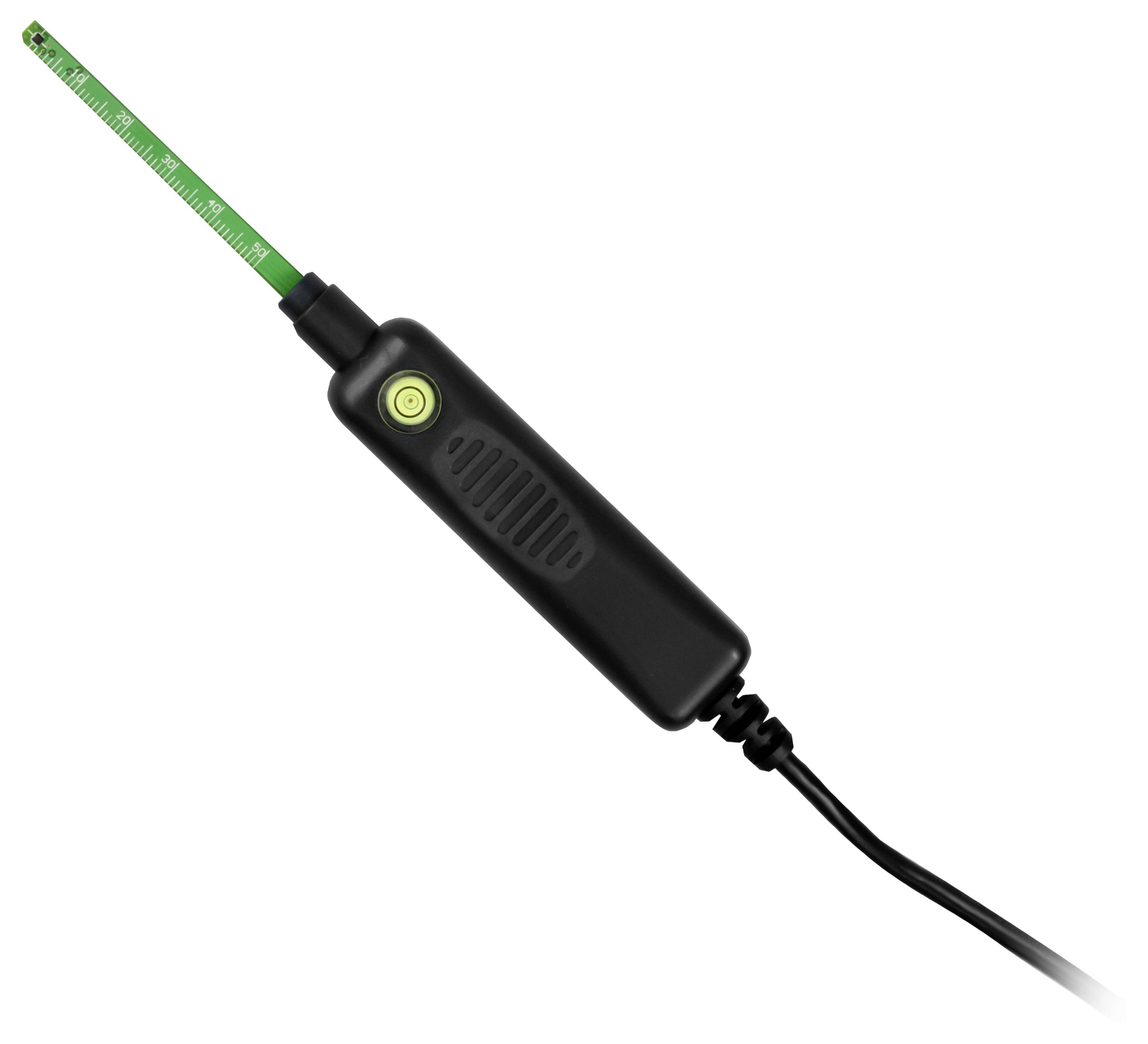 Elektrisch meetgereedschap met zwart handvat met een groen liniaal-achtig blad dat aan het ene uiteinde uitsteekt en een stroomsnoer dat aan het andere uiteinde is bevestigd.