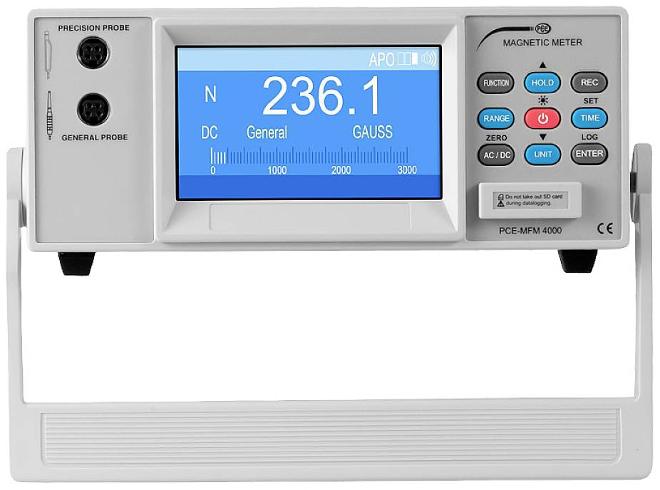 Een magnetometer toont op een display de waarde '236,1 Gauss'. Verschillende bedieningselementen en toetsen zijn zichtbaar.